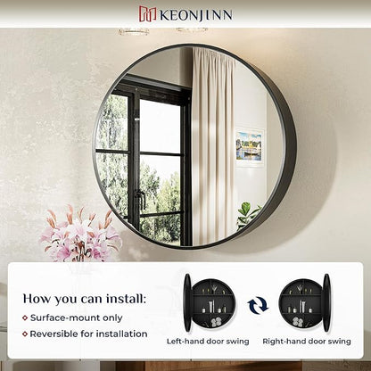 Keonjinn 30 in Round Black Medicine Cabinets with Mirror, Large Farmhouse Medicine Cabinet for Bathroom, Circle Bath Mirror with Storage, Metal Frame Medicine Cabinet for Wall with Detachable Shelves