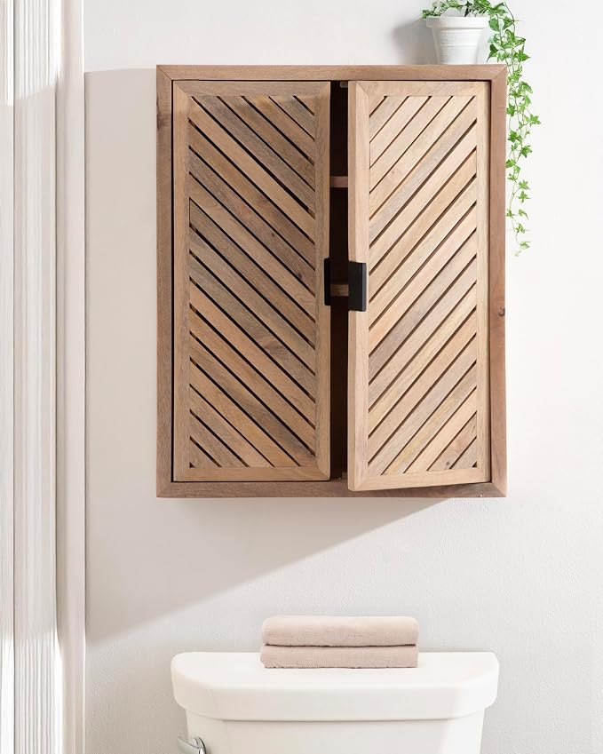 Kate and Laurel Mezzeta Decorative Modern Two-Door Floating Bathroom Cabinet; 22 x 7 x 28; Natural Wood; Decorative Solid Mango Wood Over the Toilet Storage Cabinet with Slatted Chevron Design