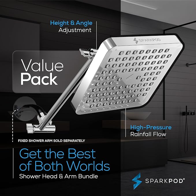 SparkPod 6" Square Rain Shower Head with 11" Shower Arm | Shower Head & Extension Arm Combo, Height Adjustable, High Pressure Performance, Easy 1-Minute Installation, Polished Chrome