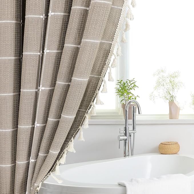 Extra Long Boho Farmhouse Shower Curtain for Bathroom 72x84 | Extra Long French Country Plaid Tassel Shower Curtain, Rustic Aesthetic Bathroom Decor Windows Curtain, Taupe