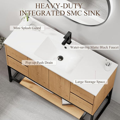 LUCKWIND 48" Modern Bathroom Vanity with Single White Sink Combo, Freestanding Storage Cabinet with Metal Frame, Matte Black Faucet and Open Shelf and 2 Soft-Closing Door, Natural