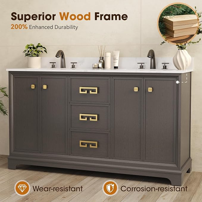 60 Inch Double Sink Bathroom Vanity, Dark Walnut | Fully Assembled Bathroom Sink Cabinet, Marble Countertop & Backsplash, Soft Closing 4 Doors & 3 Drawers, Adjustable Shelves