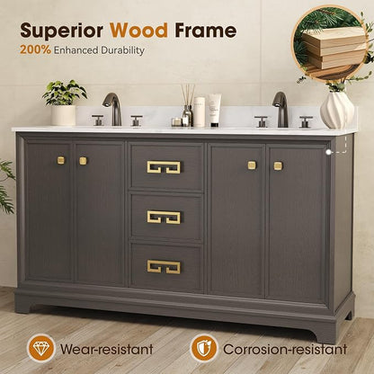 60 Inch Double Sink Bathroom Vanity, Dark Walnut | Fully Assembled Bathroom Sink Cabinet, Marble Countertop & Backsplash, Soft Closing 4 Doors & 3 Drawers, Adjustable Shelves