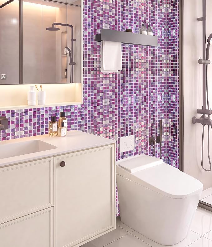 3D Mosaic Tile Sticker Removable Wallpaper Tile, 3D Self Adhesive Wall Tiles Bathroom Wall Tiles for Kitchen Backsplash Purplish Pink,PVC Square Decorative Vinyl Decals,4 Sheets