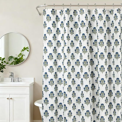 MUGINYU Blue Floral Shower Curtain Sets - 72x72 Inches,Cotton Blend Cloth Fabric,Girly Cute Coquette Style with Green Block Print for French Country Bathroom Decor