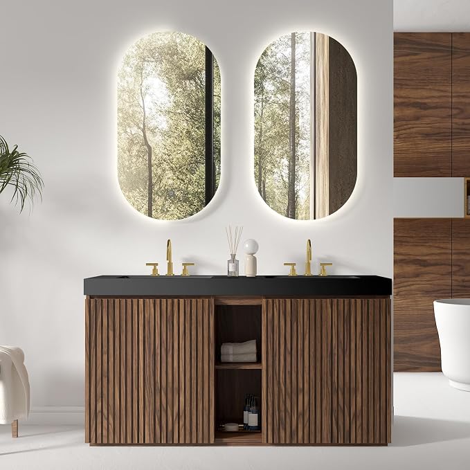 60 Inch Bathroom Vanity with Double Sink, Freestanding Double Sink Bathroom Vanity with Black Engineered Stone Top, Open Storage Cabinet & Adjustable Shelf, Walnut (3 Holes)