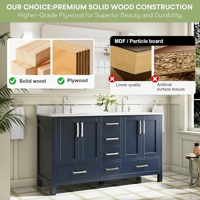 60-Inch Bathroom Vanity with Sink, 4 Soft-Close Doors and 6 Soft-Close Drawers, Bathroom Freestanding Vanity with Cultured Marble Countertop, Navy Blue Vanity with Brushed Nickel Handles