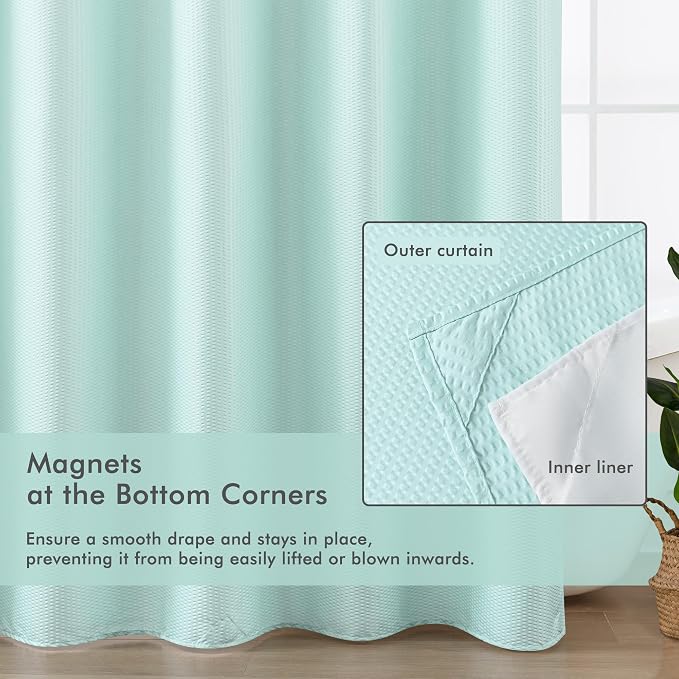 No Hook Shower Curtain with Snap-in Liner, Embossed Waffle Design Fabric Shower Curtain for Bathroom, Soft & Lightweight, 71x74, Sky Blue