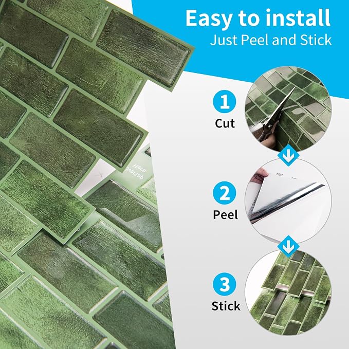 Art3d 10-Pack Marble Tile Peel and Stick Backsplash, 12 x 12 in, Jade Green | Strong Adhesion, Lightweight, Cuttable, Waterproof, Fadeless, Crack Resistant, for Kitchen, Bedroom, Ideal for Recently Moved