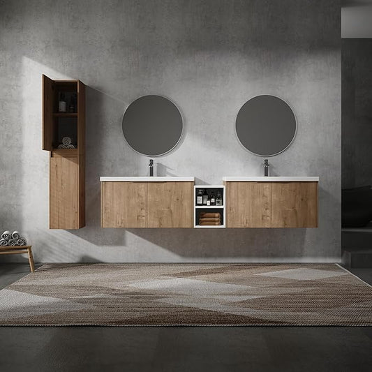 84" Floating Double Sink Bathroom Vanity Brown Wall Mount Bathroom Vanity Cabinet with Sink Combo, 84-Inch Bathroom Vanities Set with Open Storage Shelf & 2 Side Cabinet & 2 36in Bathroom Vanities