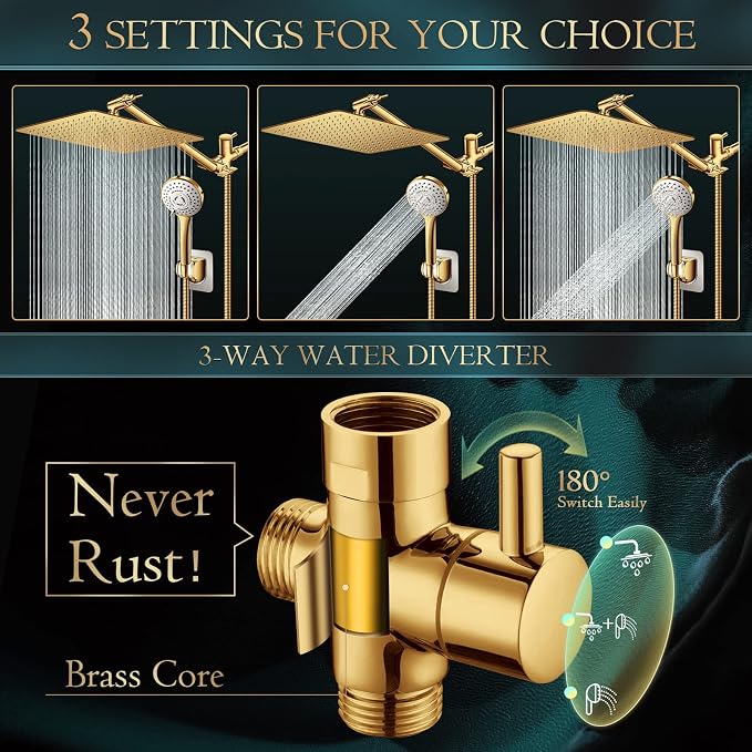 Shower Head,12'' Rain Shower Head with 11'' Extension Arm,Brushed Gold | 5 Settings High Pressure Handheld Shower Head Combo,Adjustable Powerful Shower Spray Against Low Pressure Water