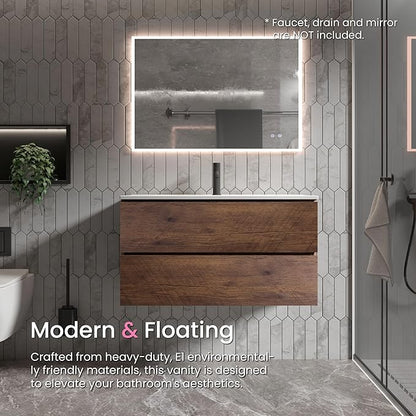 36" Bathroom Vanity with Sink, Modern Floating Vanity with Double Soft Closing Drawers, Large Storage for Small Space, Walnut, Fully Assembled - Iris Collection