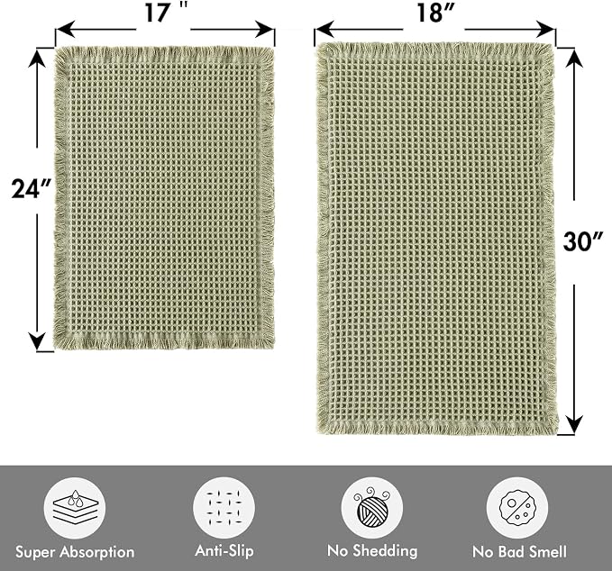 MIULEE Set of 2 Waffle Bathroom Rugs Sage Green Bath Mat 17"x24"+18"x30" | Non Slip, Super Absorbent, Washable, Ultra Soft, Rubber Backed, Small Boho Bath Rugs for Bathroom Floor Tub Shower