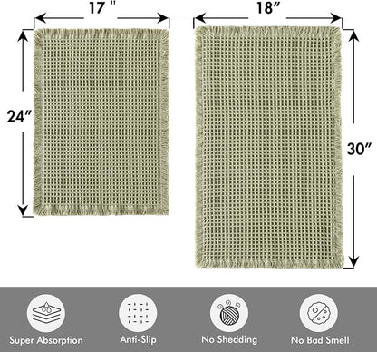 MIULEE Set of 2 Waffle Bathroom Rugs Sage Green Bath Mat 17"x24"+18"x30" | Non Slip, Super Absorbent, Washable, Ultra Soft, Rubber Backed, Small Boho Bath Rugs for Bathroom Floor Tub Shower