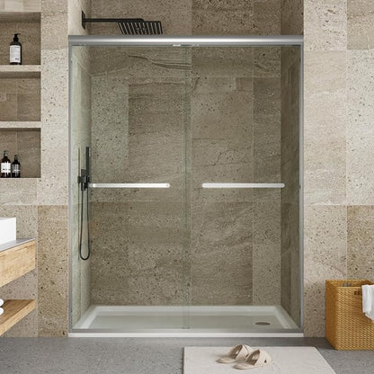 Double Sliding Shower Door 44-48 Inch W×72 Inch H Framed – Brushed Silver Aluminum Frame Bypass Shower Door with 8mm Tempered Glass, Easy Clean Coating for Bathroom