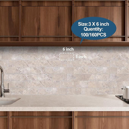 Yipscazo Peel and Stick backsplash 3 x 6 Inches, Backsplash Tile Peel and Stick Tile for Kitchen, Bathroom, Laundry Room, Fireplace (Beige Stone Texture, 32 Pieces)