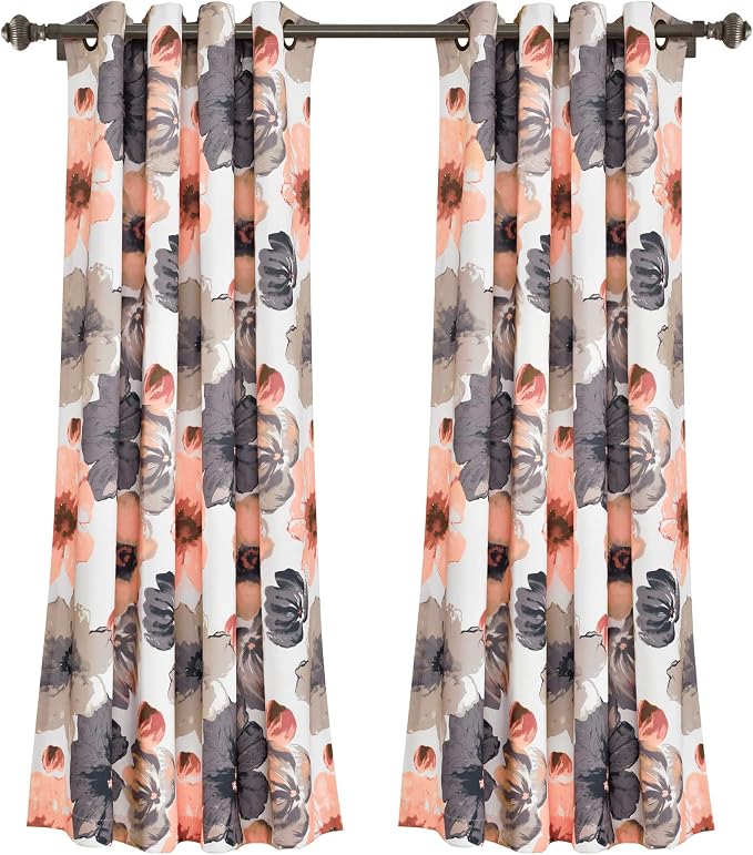 Lush Decor Leah Light Filtering Window Curtain Panels, Pair, 52" W x 63" L, Coral & Gray - Floral Drapes for Bedroom - Coral Curtains - Farmhouse Decor