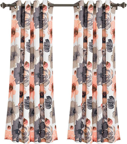 Lush Decor Leah Light Filtering Window Curtain Panels, Pair, 52" W x 63" L, Coral & Gray - Floral Drapes for Bedroom - Coral Curtains - Farmhouse Decor
