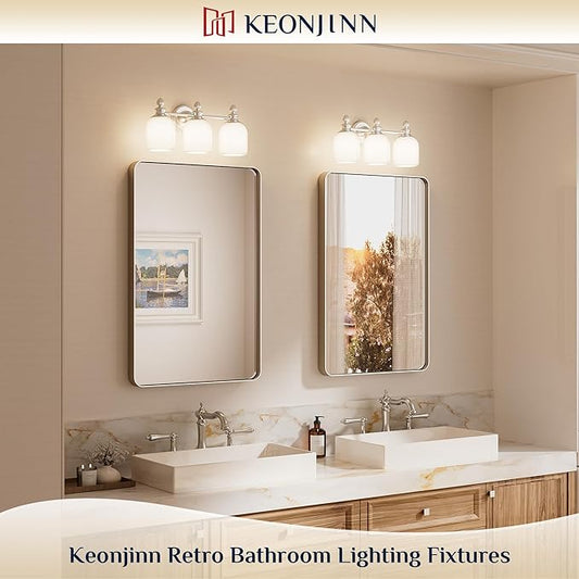 Keonjinn Brushed Nickel Bathroom Light Fixtures, 3-Light Vintage Vanity Lights for Mirror with Frosted Glass Shades, UL Listed E26 Base Reversible Vanity Lighting Fixtures for Wall(Bulbs Not Included)