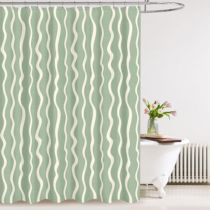 Tititex Cute Curvy Wavy Lines 140gsm Faux Linen Fabric Shower Curtain, Elegant Beige Sage Green Wave Striped Shower Curtain Sets Decoration 72x72 Inch with Hooks