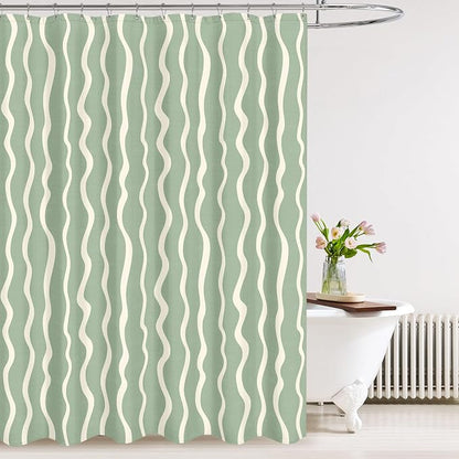 Tititex Cute Curvy Wavy Lines 140gsm Faux Linen Fabric Shower Curtain, Elegant Beige Sage Green Wave Striped Shower Curtain Sets Decoration 72x72 Inch with Hooks
