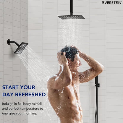 Ceiling Mount 12" High-Pressure Rainfall Shower Faucet, Dual Rainfall Shower Head System with Valve (Matte Black)