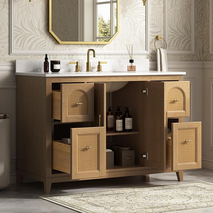48 Inch Bathroom Vanity with Sink, Fully Assembled, Light Oak | Solid wood frame vanity with rattan details, gold hardware, 4 full-extension soft-close drawers, and adjustable feet