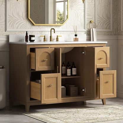 48 Inch Bathroom Vanity with Sink, Fully Assembled, Light Oak | Solid wood frame vanity with rattan details, gold hardware, 4 full-extension soft-close drawers, and adjustable feet