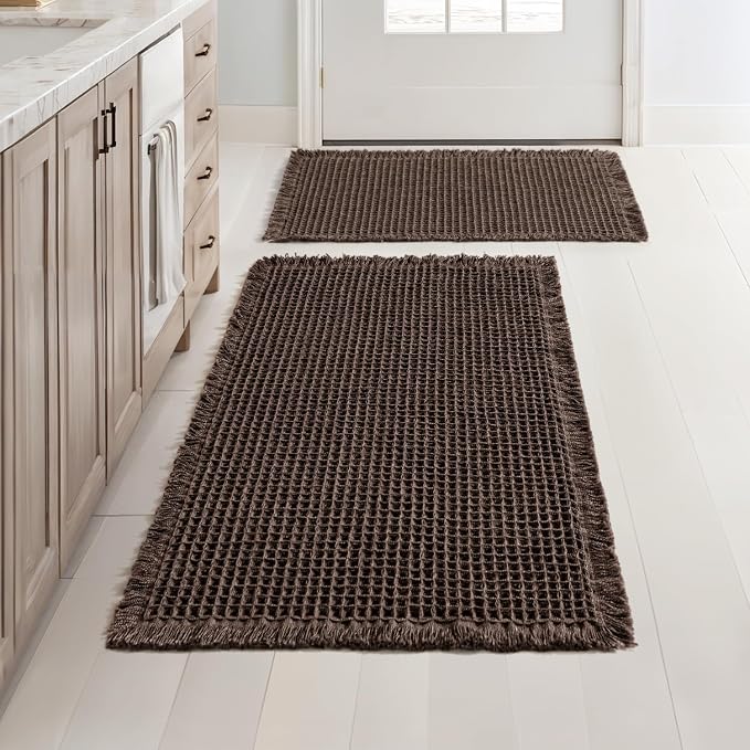 MIULEE Set of 2 Waffle Bathroom Rugs Chocolate Bath Mat 17"x24"+18"x30" | Non Slip, Super Absorbent, Washable, Ultra Soft, Rubber Backed, Small Boho Bath Rugs for Bathroom Floor Tub Shower