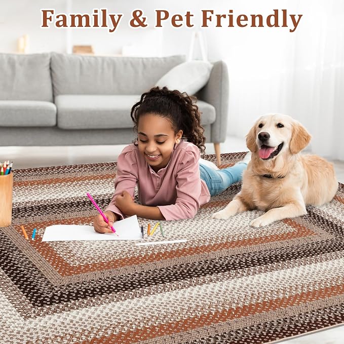 Imitation Braided Collection-Print Living Room Rug 5x7 Area Rugs Washable Bedroom Rug Modern Large Area Rug Non Slip Throw Rugs Farmhouse Soft Low Pile Stain Resistant Carpet for Dining Room