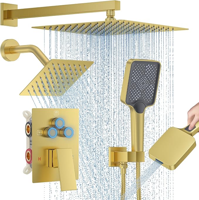 Woindo Shower Faucet Set, 12" Wall Mount Rainfall Shower System with 2 Rain Shower Head and Multi-function Handheld Head Push Button Diverter Shower Faucet Trim Kit