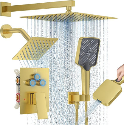 Woindo Shower Faucet Set, 12" Wall Mount Rainfall Shower System with 2 Rain Shower Head and Multi-function Handheld Head Push Button Diverter Shower Faucet Trim Kit