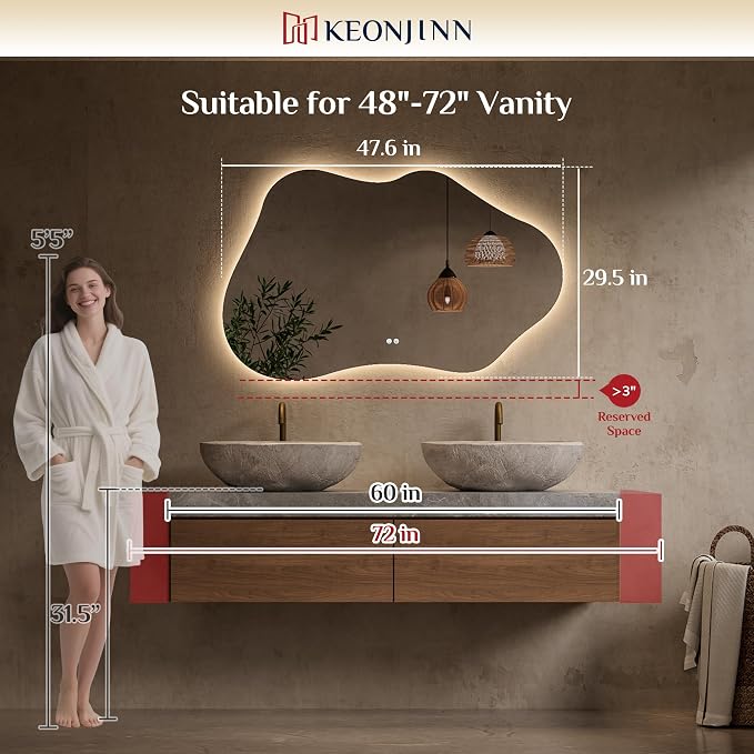 Keonjinn 48 x 30 Inch Irregular Backlit Bathroom Mirror, HD Tempered Glass | Asymmetrical Cloud LED Bathroom Mirror, 3000K/4500K/6000K, Dimmable, Fast & Safe Defog, Memory Function, Plug-in/Hardwired