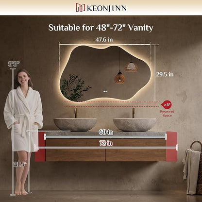 Keonjinn 48 x 30 Inch Irregular Backlit Bathroom Mirror, HD Tempered Glass | Asymmetrical Cloud LED Bathroom Mirror, 3000K/4500K/6000K, Dimmable, Fast & Safe Defog, Memory Function, Plug-in/Hardwired