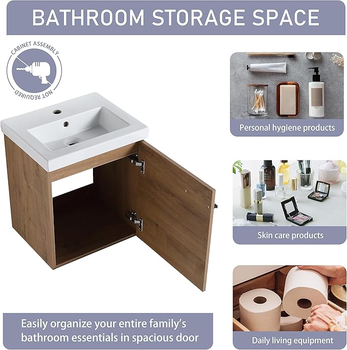 18" Bathroom Vanity with Sink, 18 Inch Floating Bathroom Vanity for Small Space, Modern Bathroom Vanity, Brown Wall Mounted Cabinet Set（017）