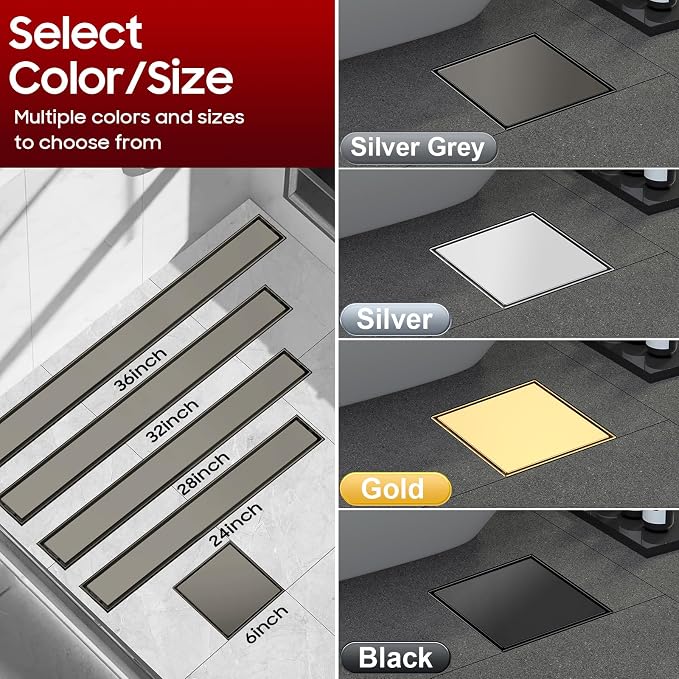 DLONE® Shower Drain | 6 Inch Gun Gray with Tile Insert Panel | Square Shower Drain, with Hair Catcher, Shower Floor Drain Fits Bathroom & Balcony etc