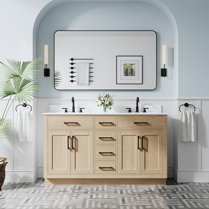 60-Inch Bathroom Vanity with Double Sinks W/ 4 Doors & 4 Drawers & 2 Flip Drawers, Oak Vanity W/Matte Black Handles