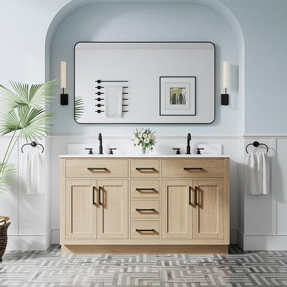 60-Inch Bathroom Vanity with Double Sinks W/ 4 Doors & 4 Drawers & 2 Flip Drawers, Oak Vanity W/Matte Black Handles