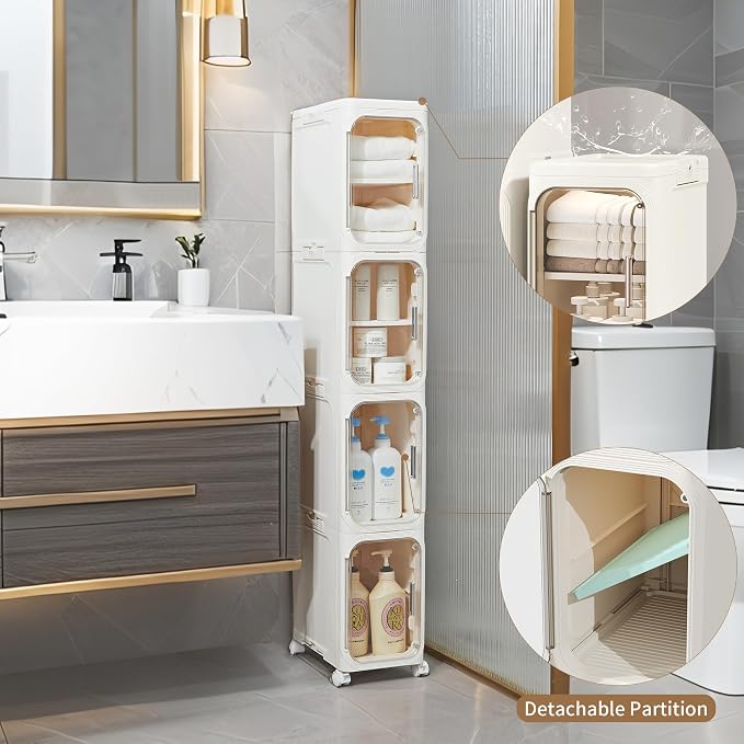 Narrow Storage Cabinet,2-Tier Slim Bathroom Organizer with Wheels,Beige | Turns Unused Narrow Spaces into Organized Storage Slim Outside Spacious Inside Rolls Smoothly Locks Securely Snap Assembly