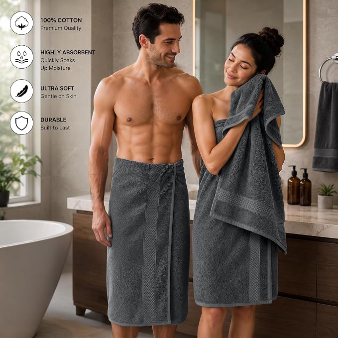 DAN RIVER 600 GSM Cotton Large Bath Towels Set of 4, 27 x 54 Inches, Gray | Larger & Lighter Weight Towels for Bathroom - Highly Absorbent & Quick Dry 100% Cotton Bath Towel Set for Home, Spa & Hotel