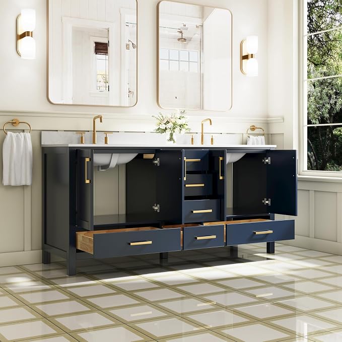 72-Inch Bathroom Vanity with Sink, 4 Soft-Close Doors and 6 Soft-Close Drawers, Bathroom Freestanding Vanity with Cultured Marble Countertop, Navy Blue Vanity W/Gold Handles