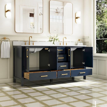 72-Inch Bathroom Vanity with Sink, 4 Soft-Close Doors and 6 Soft-Close Drawers, Bathroom Freestanding Vanity with Cultured Marble Countertop, Navy Blue Vanity W/Gold Handles