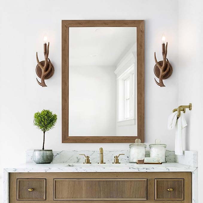 JONATHAN Y 5.5" Brown 1-Light Wood Finish Faux Antler LED Vanity Light Set of 2, Rustic Wall Sconces for Bathroom Mirror Hallway, Southwestern Farmhouse Decor, LED Bulbs Included JYL6307A-SET2