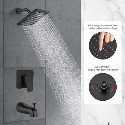 Heyalan 8 Inch Shower Faucet Set with Tub Spout and Valve,Matte Black | 8-inch square rainfall head, tub spout with diverter, male-thread rough-in valve, single-handle control and wall-mount design