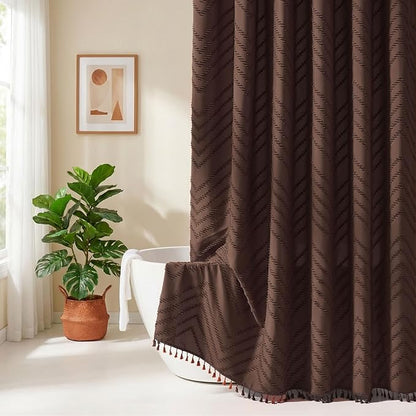 Siiluminisoy Brown Shower Curtain Fabric Shower Curtain for Bathroom 72 x 78 Tufted Chevron Textured Striped Modern Farmhouse Minimalist for Bathroom