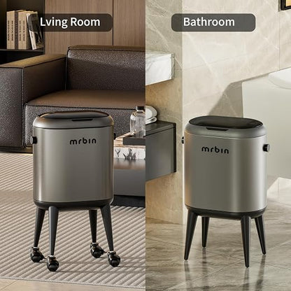 MRBIN Stainless Steel Slim Bathroom Motion Sensor Trash Can with Lid and Wheels, 13L / 3.4gal Electric Touchless Toilet Waste Basket with Legs for Narrow Vanity, Rvs, Dorm, Kitchen, Eclipse Grey