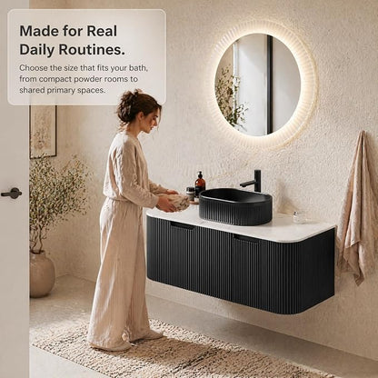 48 Inch Bathroom Vanity with Sink, Floating Wall Mounted Single Sink Vanity, Black Curved Fluted Front, Stone Top, Black Textured Oval Vessel Basin, Pre-Assembled