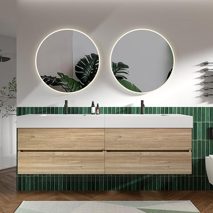 72" Floating Bathroom Vanity with Sink Combo, Modern Floating Double Sink Bathroom Vanity with Engineered Stone Tops & 4 Soft-Closing Drawers, Large Storage for Powder Room, Apartment, Rough Oak