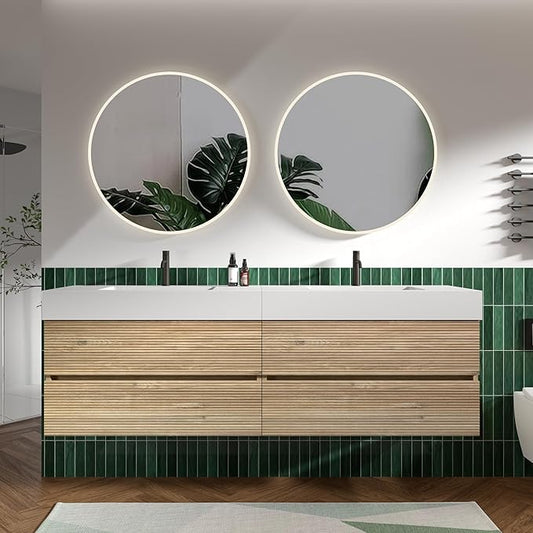 72" Floating Bathroom Vanity with Sink Combo, Modern Floating Double Sink Bathroom Vanity with Engineered Stone Tops & 4 Soft-Closing Drawers, Large Storage for Powder Room, Apartment, Rough Oak
