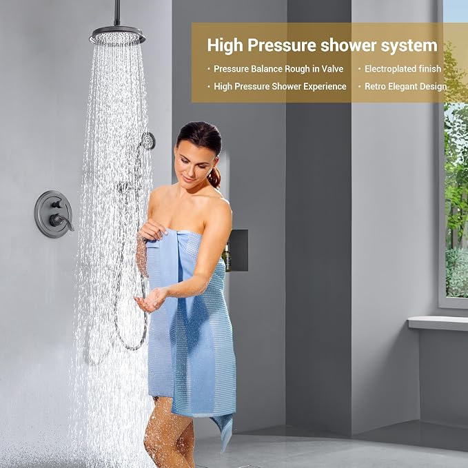 DASAN Rain Shower System Complete Antique Shower Faucet Sets, Shower Fixtures Combo with Pressure Balance Valve, Trim Kit, 9’’ Rainfall Overhead Shower & Handheld, Color Oil Rubbed Bronze AT209C-ORB